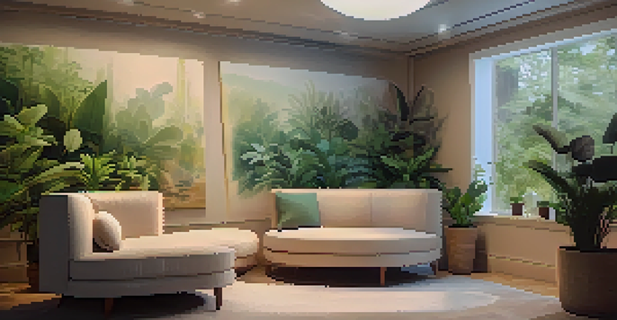 A calming therapy room with soft lighting, comfortable seating, and peaceful plants, designed for a therapeutic setting.