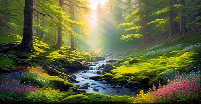 A peaceful forest at dawn with mist, sunlight through trees, green moss, and a flowing stream.