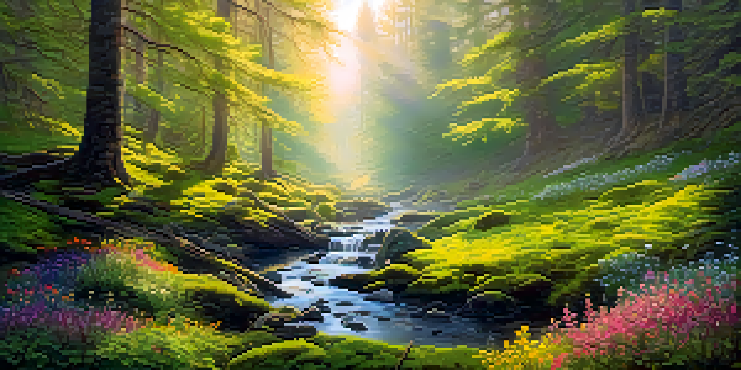 A peaceful forest at dawn with mist, sunlight through trees, green moss, and a flowing stream.