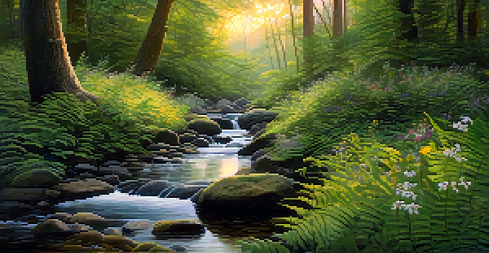 A peaceful forest with a stream, filtered sunlight, ferns, and wildflowers.
