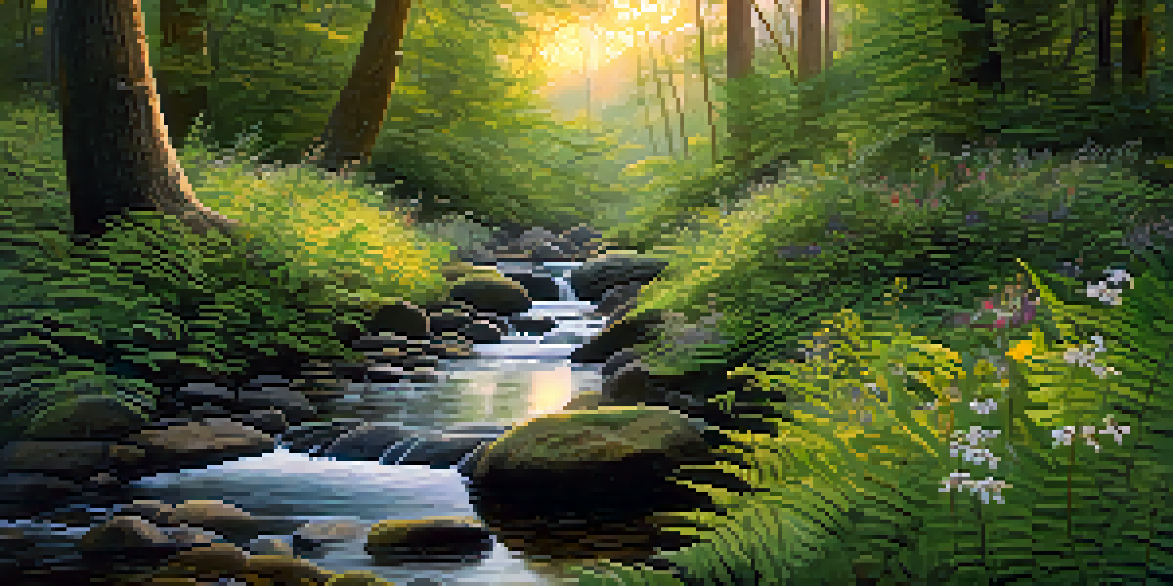 A peaceful forest with a stream, filtered sunlight, ferns, and wildflowers.