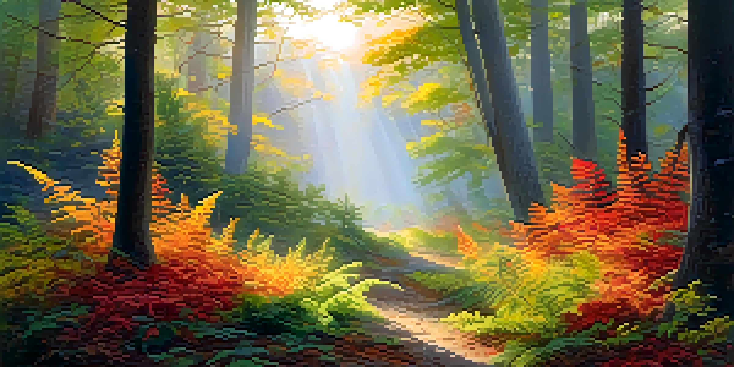 A peaceful forest at dawn with mist, green ferns, wildflowers, and trees with autumn leaves illuminated by soft sunlight.