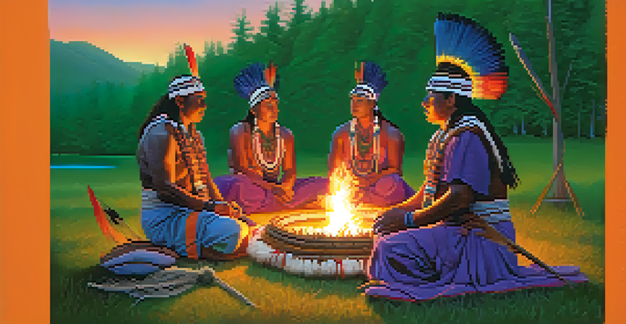 A peaceful indigenous ceremony at sunset with people in traditional clothing gathered around a fire, surrounded by greenery.