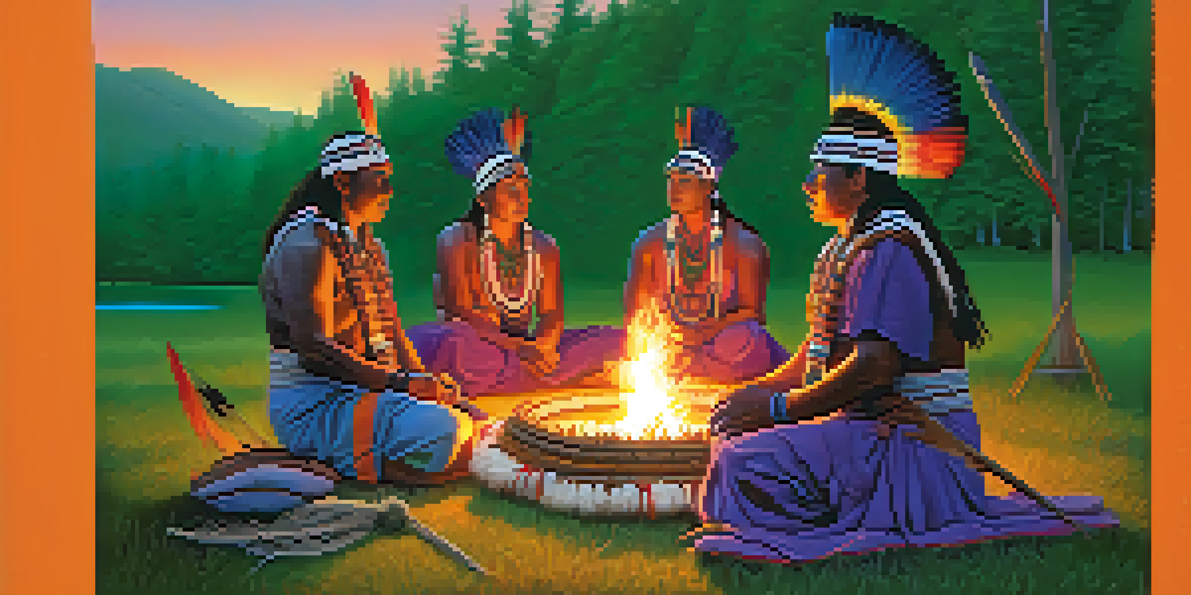A peaceful indigenous ceremony at sunset with people in traditional clothing gathered around a fire, surrounded by greenery.