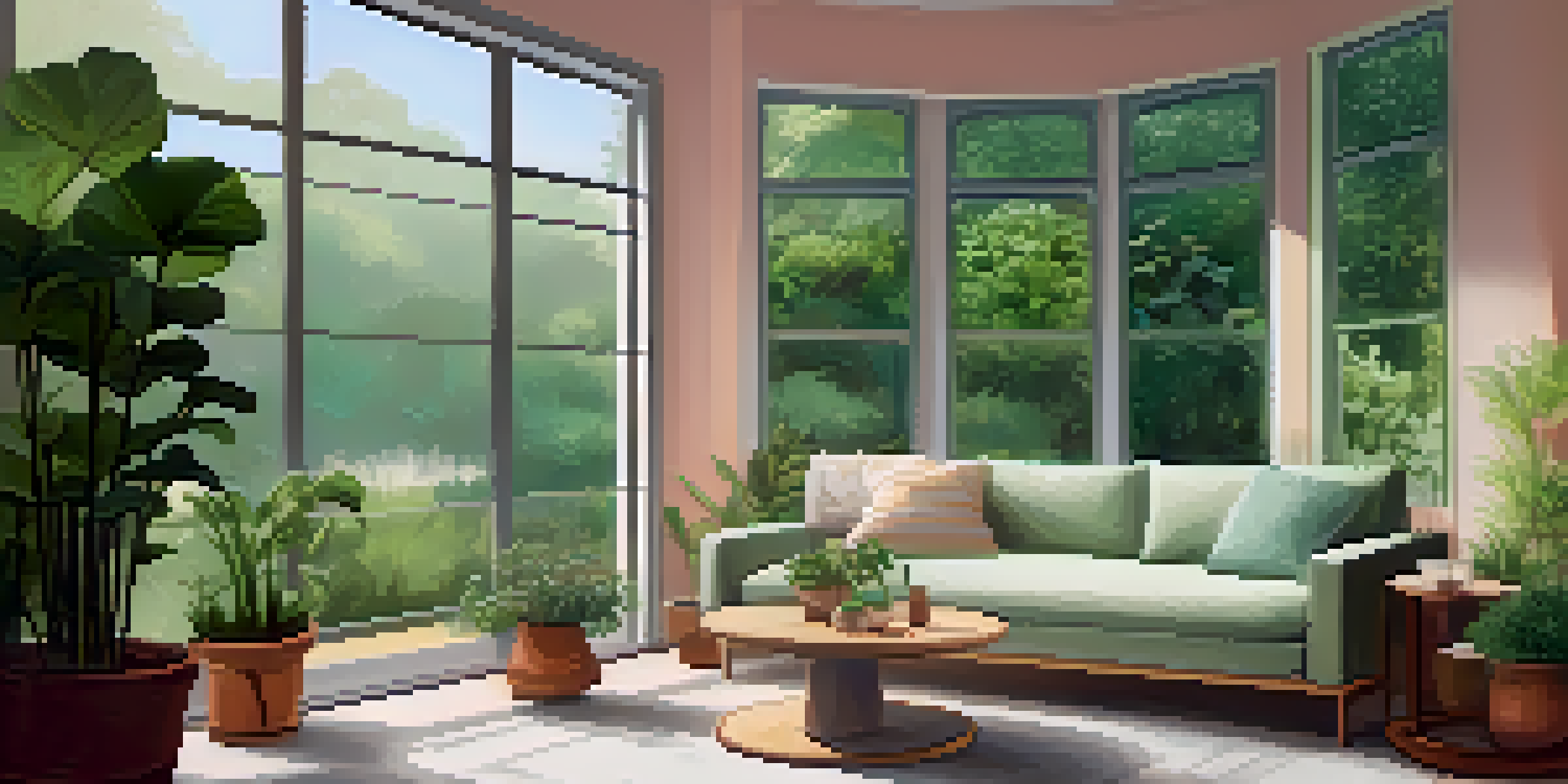 A calming therapy room with a couch, potted plant, and a view of a garden, designed for mental health sessions.