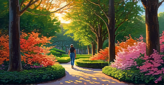 A peaceful park with a person walking along a path, surrounded by green trees and blooming flowers during sunset.
