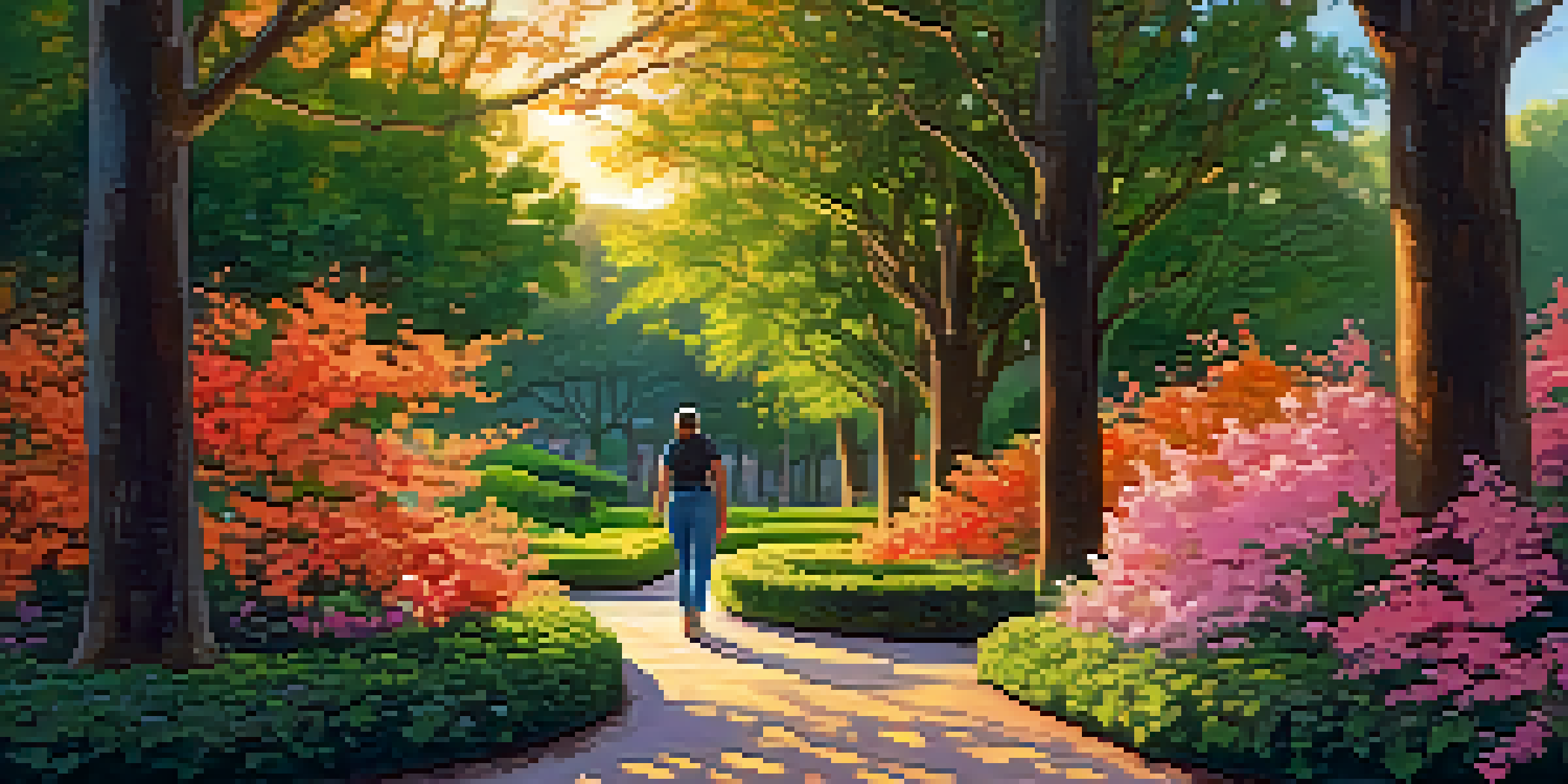 A peaceful park with a person walking along a path, surrounded by green trees and blooming flowers during sunset.