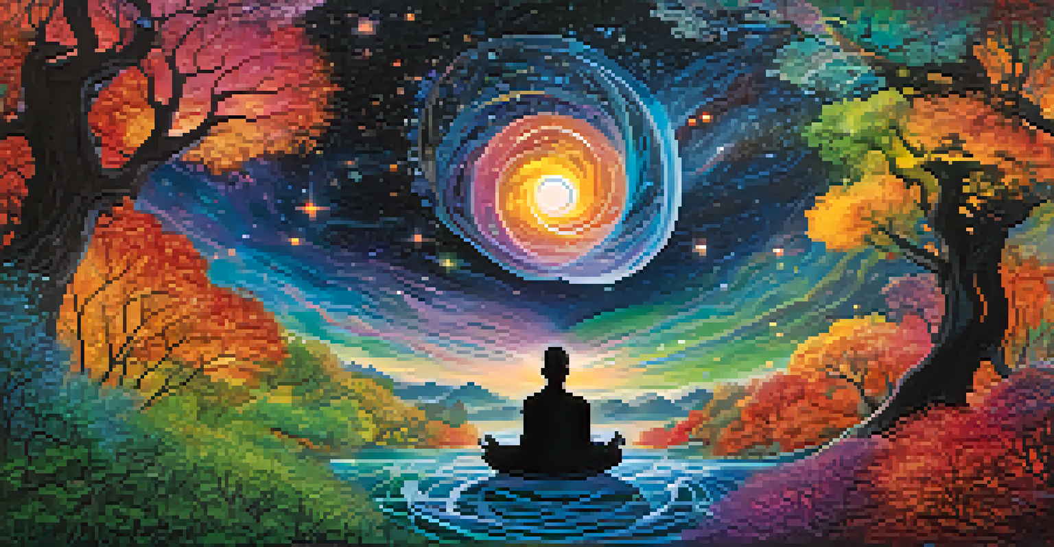 An abstract image showing a meditating figure amidst swirling colors and natural elements, representing holistic healing.