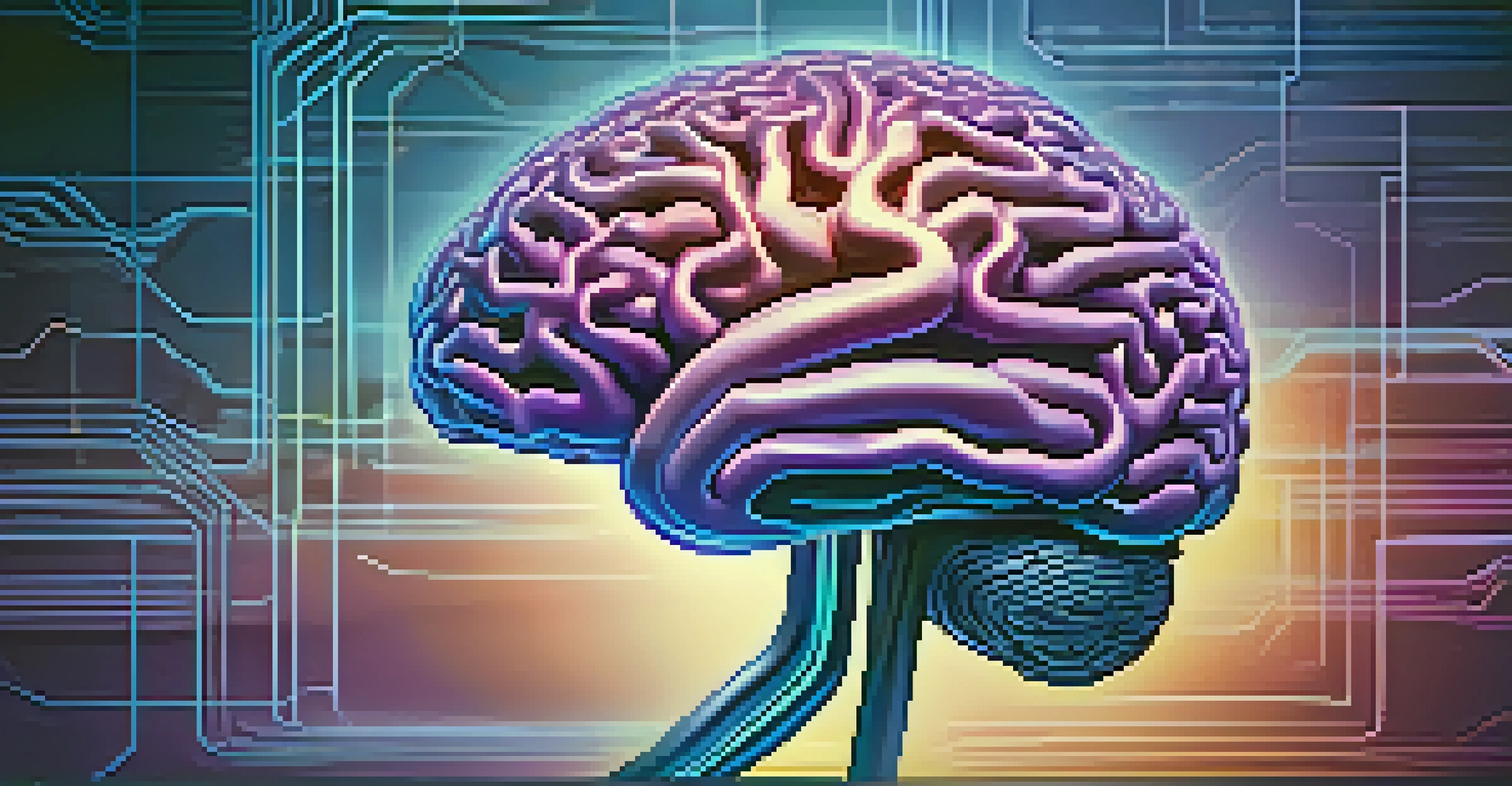 A colorful illustration of a brain with illuminated neural pathways against a dreamy blue and purple background, symbolizing creativity.