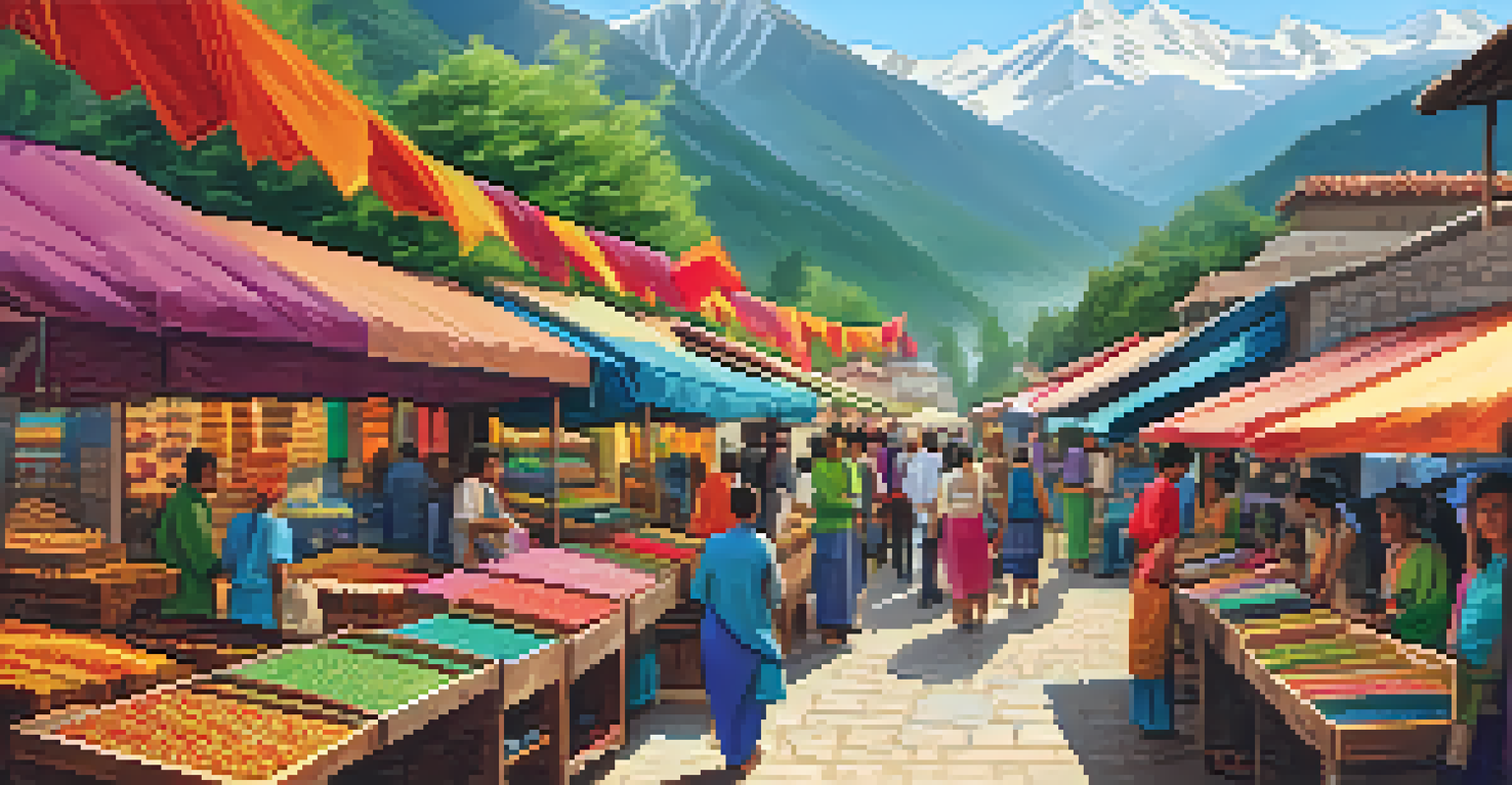 A lively market scene with stalls of handmade crafts, jewelry, and artwork, set against a beautiful mountain backdrop.
