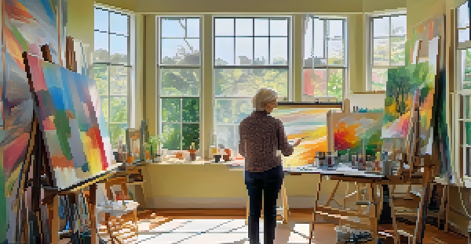 An artist in a bright studio, painting an abstract canvas with colorful art surrounding her.