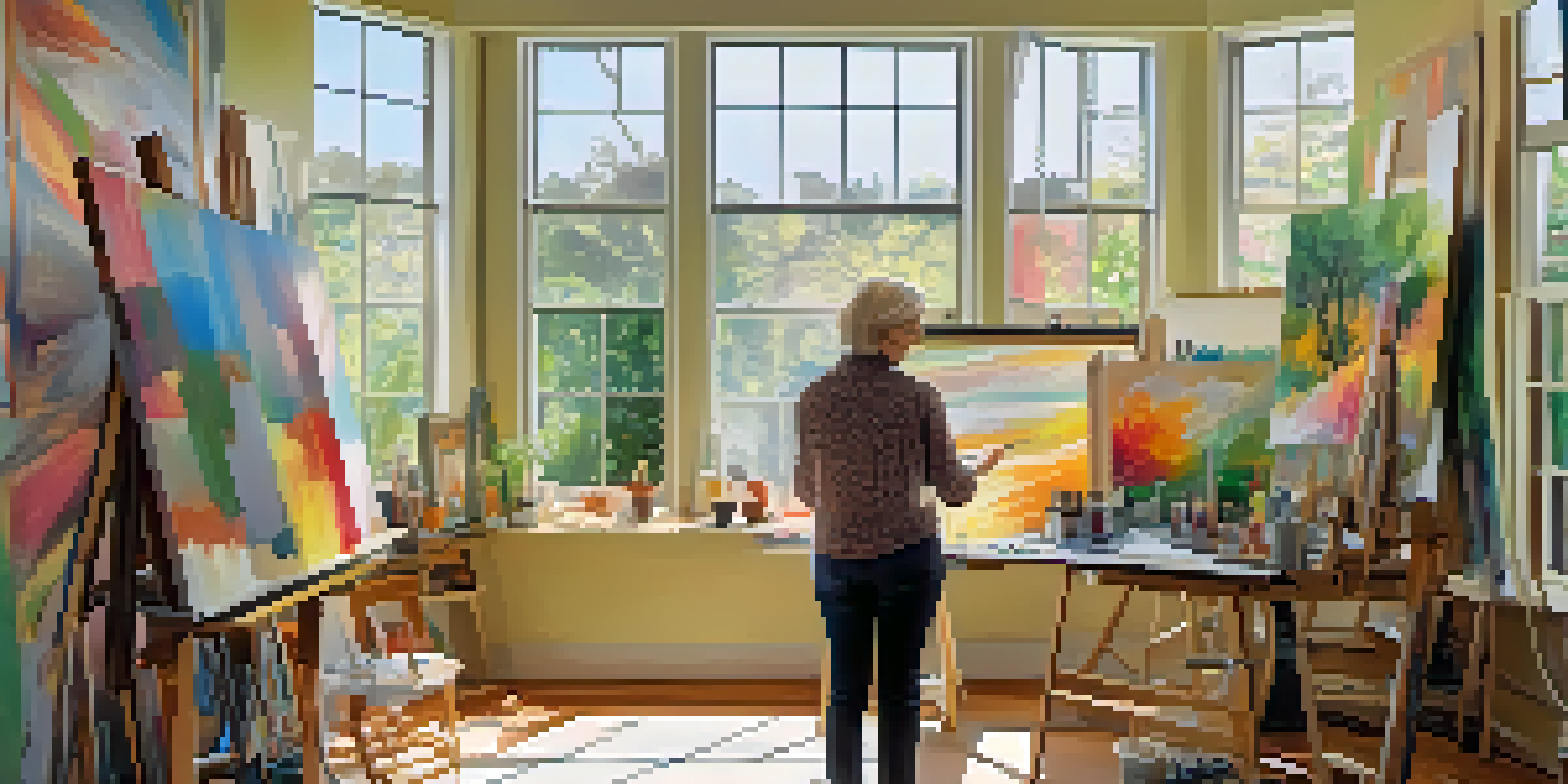 An artist in a bright studio, painting an abstract canvas with colorful art surrounding her.