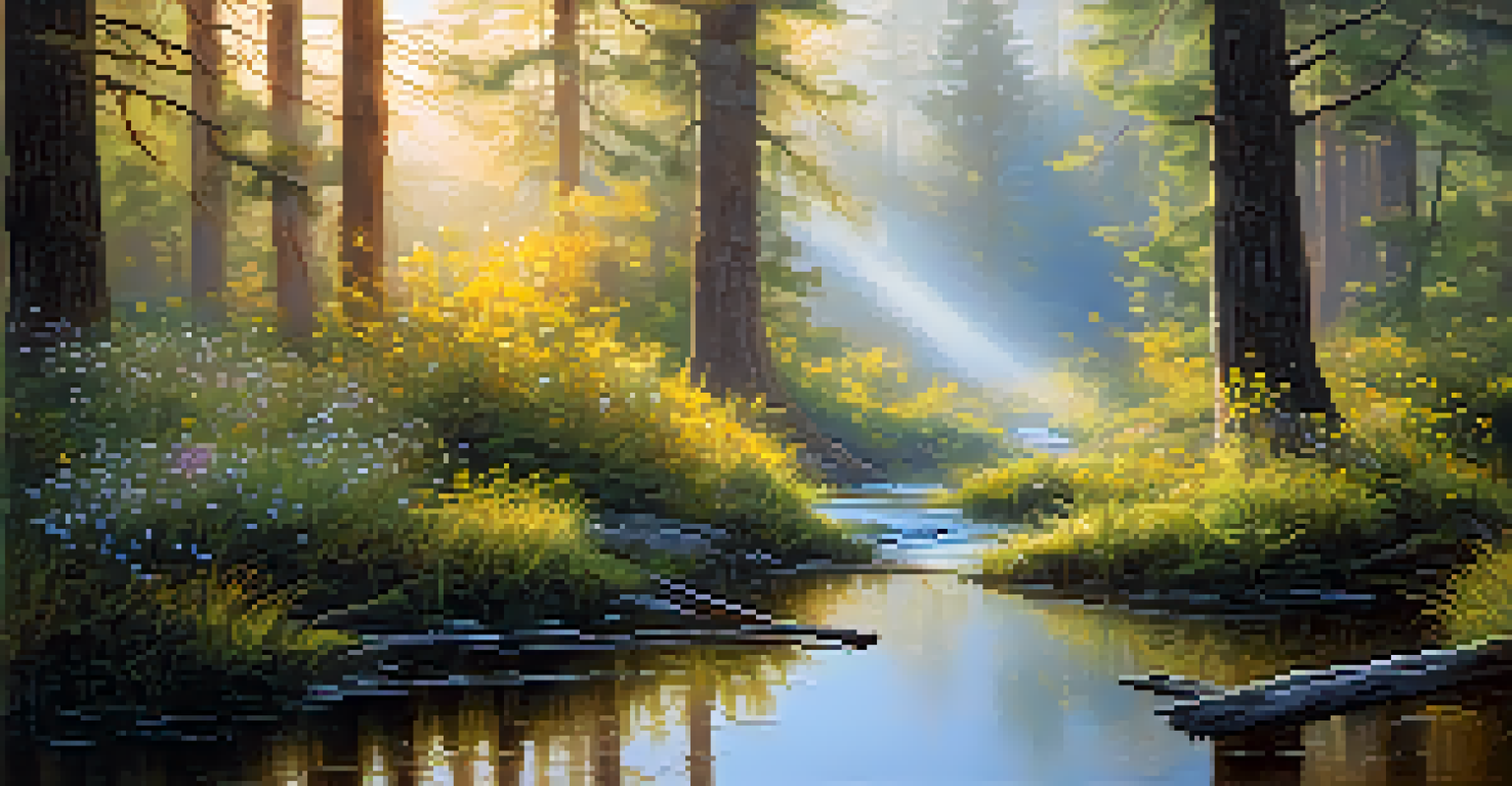A tranquil forest scene with golden sunlight filtering through trees, a misty atmosphere, and a stream reflecting the light, surrounded by blooming wildflowers.