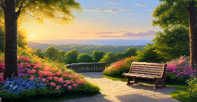 A person sitting on a bench in a garden, journaling as the sun sets, surrounded by colorful flowers and greenery.