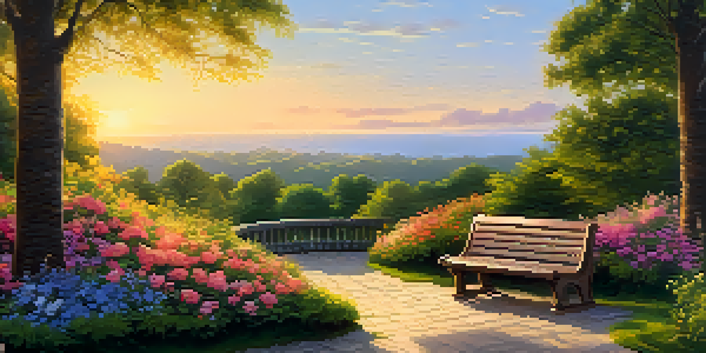 A person sitting on a bench in a garden, journaling as the sun sets, surrounded by colorful flowers and greenery.