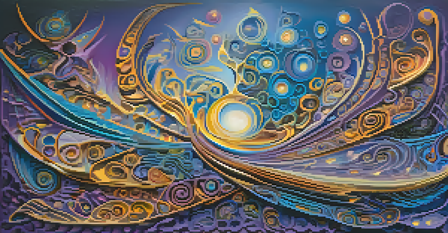 An abstract image showcasing vibrant swirling patterns and shapes representing creativity and inspiration, with artistic tools like paintbrushes and quills.