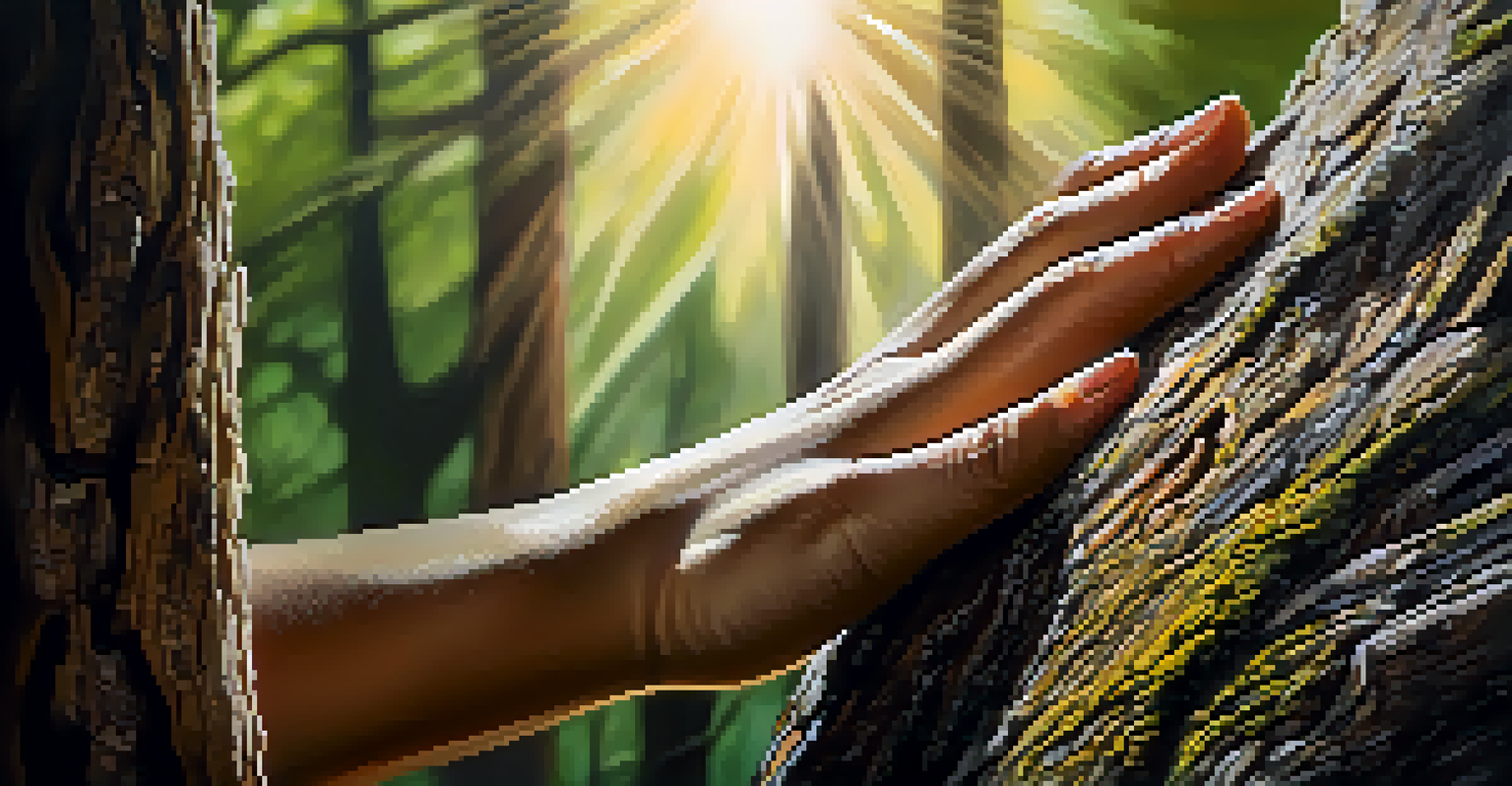 A close-up of a hand touching the bark of an ancient tree, with sunlight illuminating the textures.