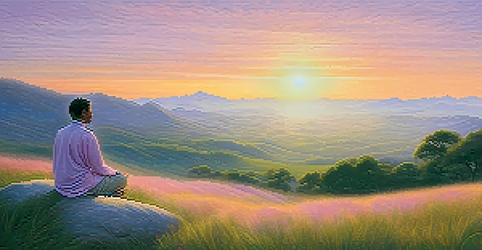 A person meditating on a hilltop during sunrise, surrounded by mountains and a colorful sky.