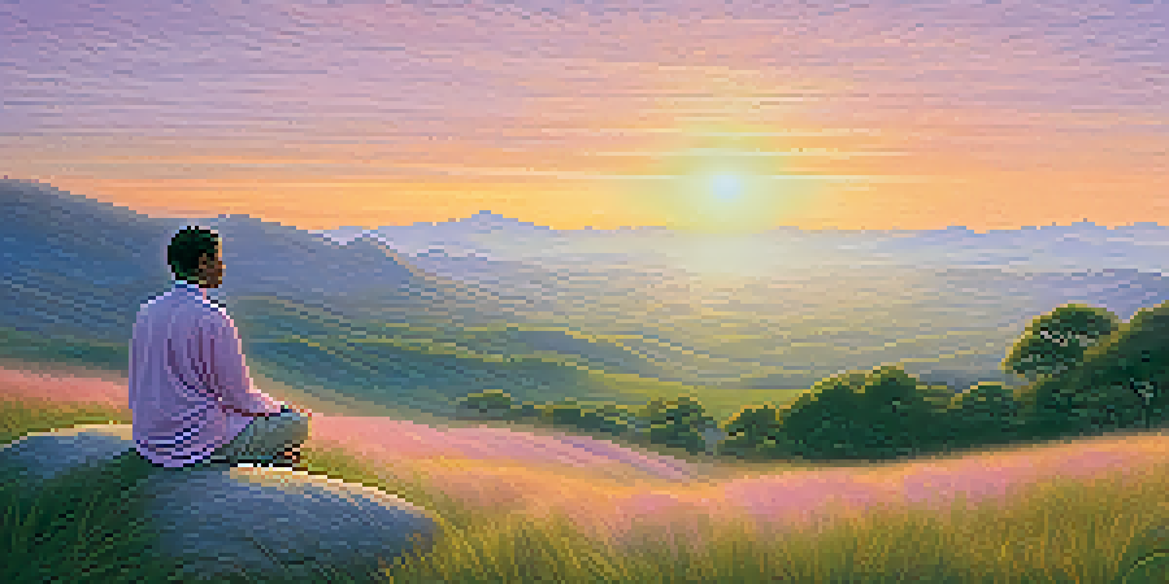 A person meditating on a hilltop during sunrise, surrounded by mountains and a colorful sky.