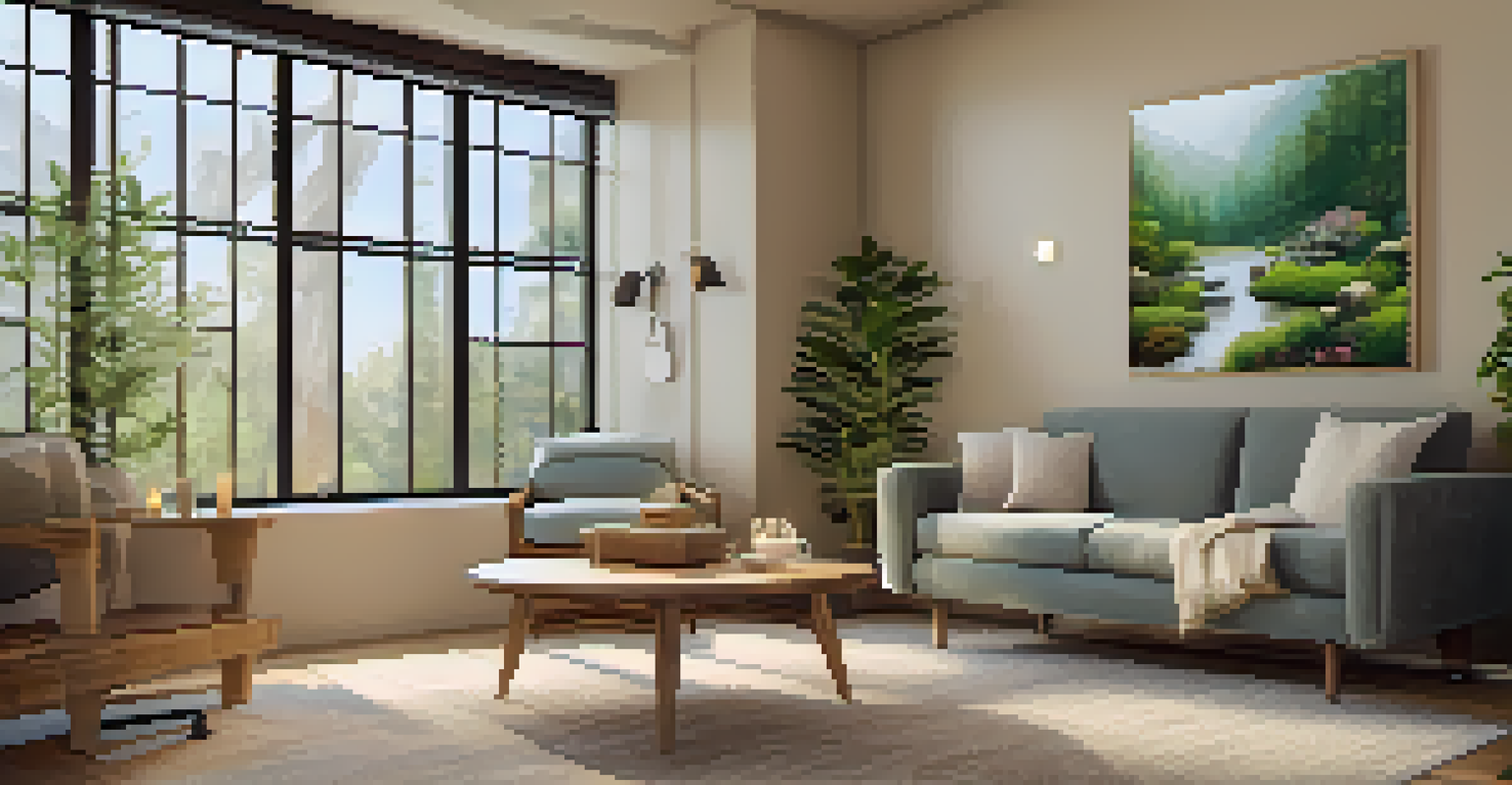 A welcoming therapeutic room with soft lighting, comfortable seating, and nature-themed decor.
