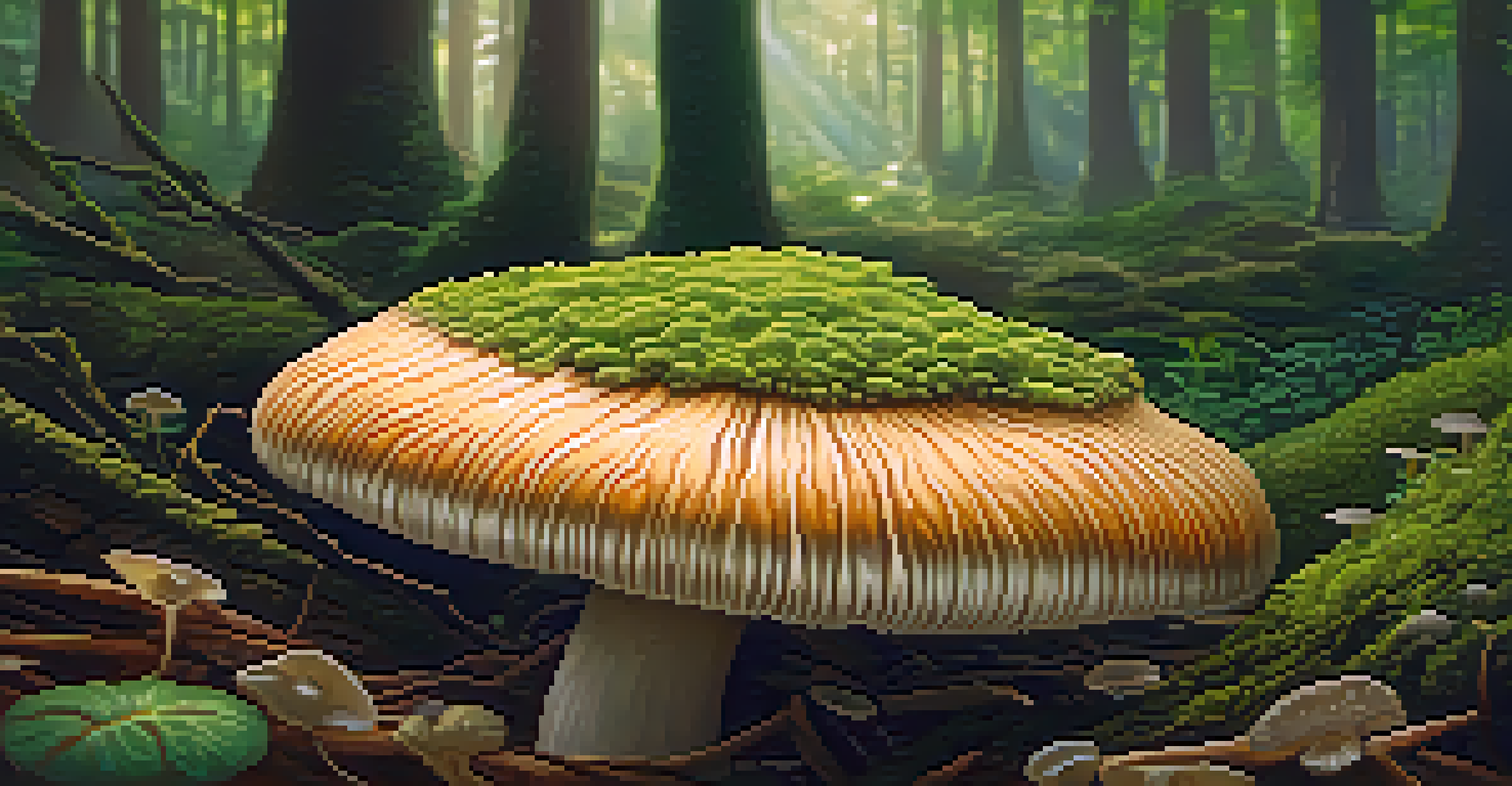 A close-up of a psilocybin mushroom in a green forest, showcasing its conical cap surrounded by moss and foliage with sunlight filtering through trees.
