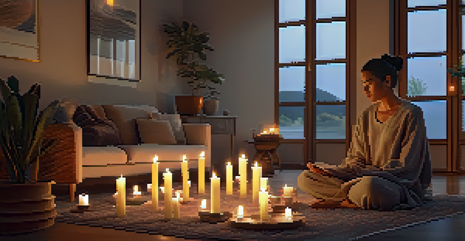 A cozy living room with soft lighting and a person meditating on a rug surrounded by candles.