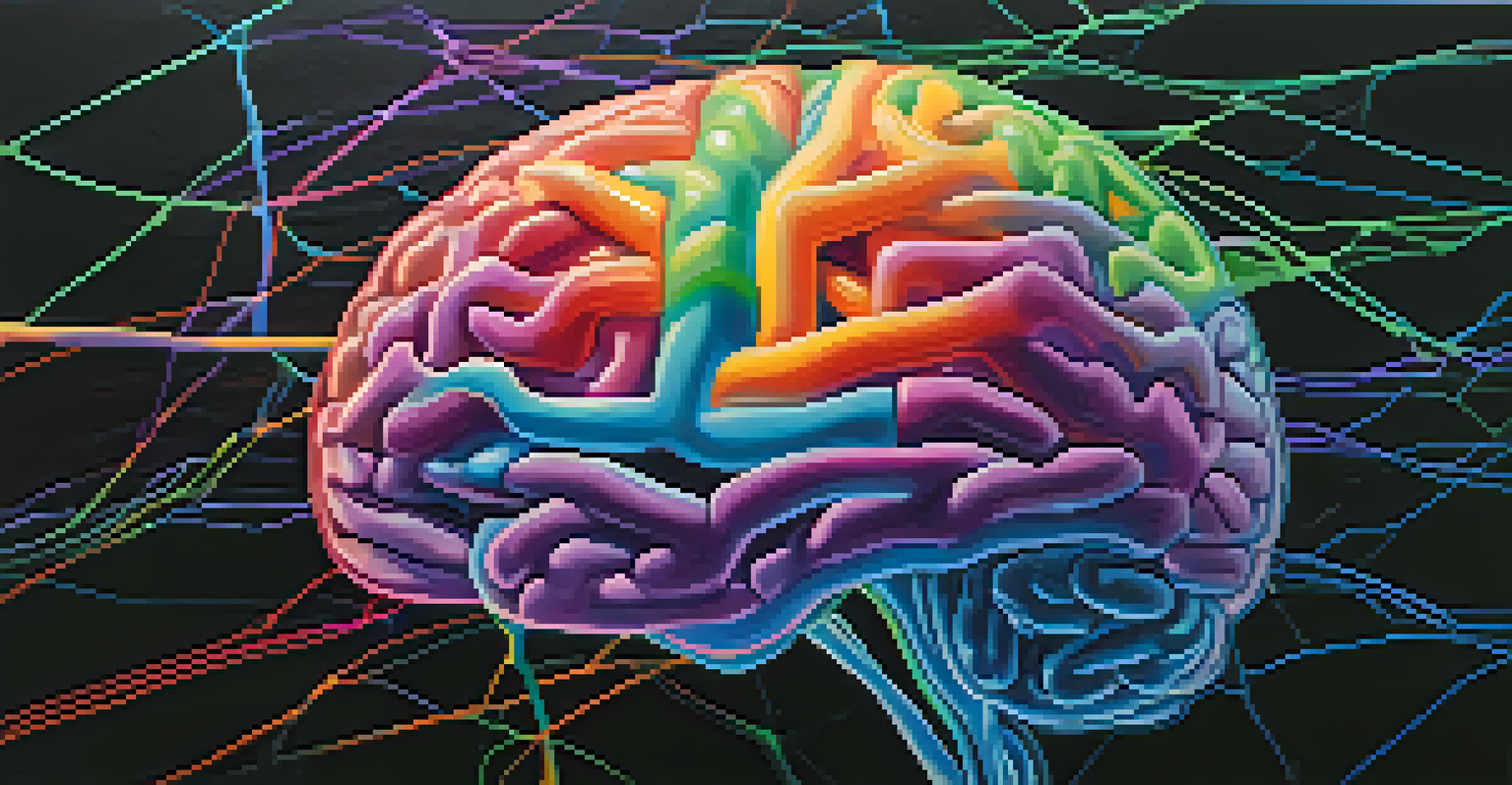 An artistic depiction of a human brain with colorful neural pathways glowing against a dark background, symbolizing active brain function.