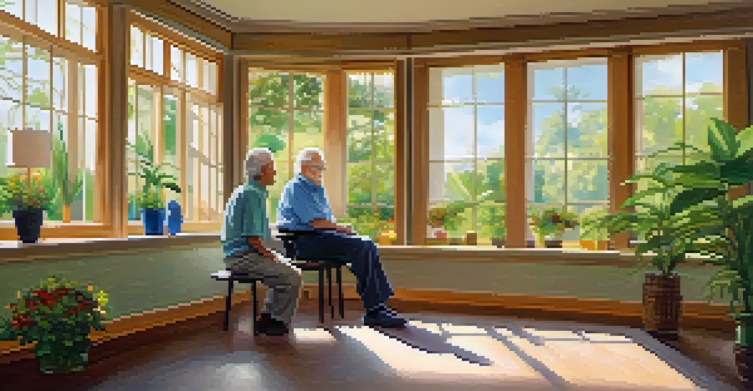 An elderly man engaged in a therapy session with a therapist in a bright room filled with calming artwork and natural light.