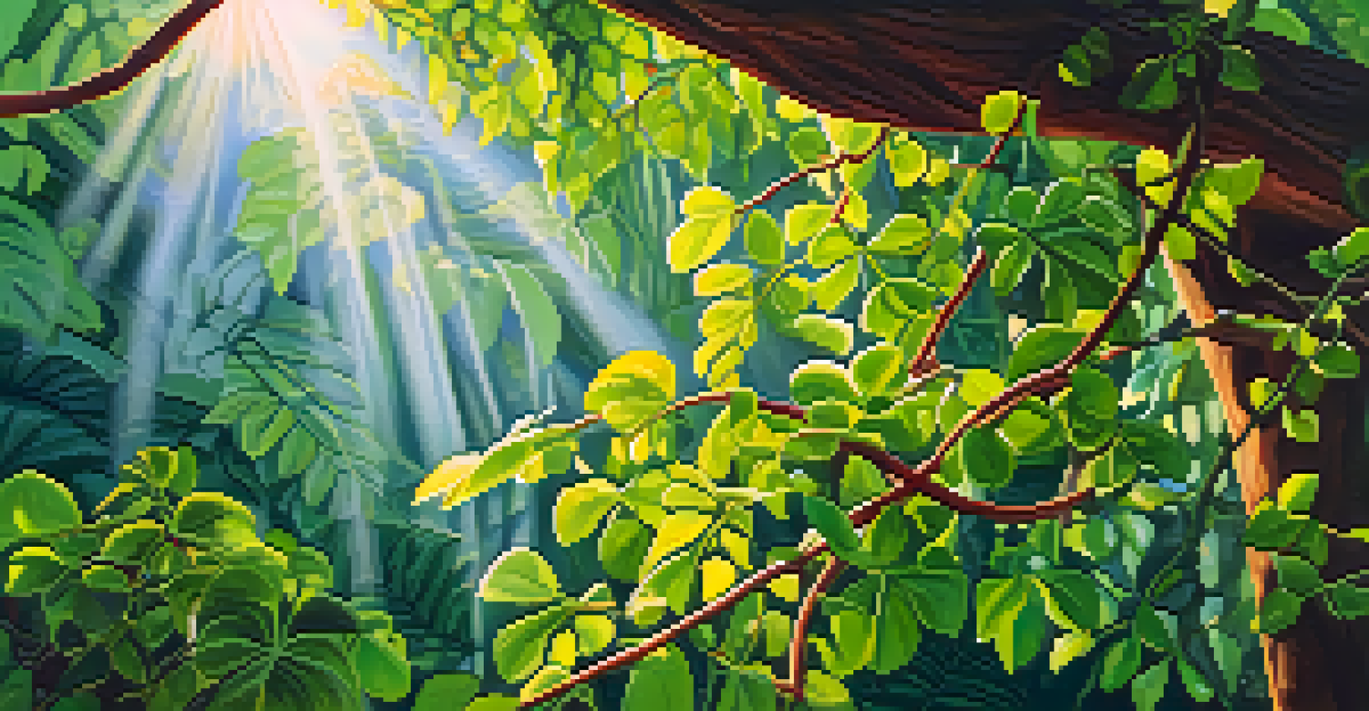 A close-up of a vibrant Ayahuasca vine intertwined with lush green leaves in a sunlit rainforest.