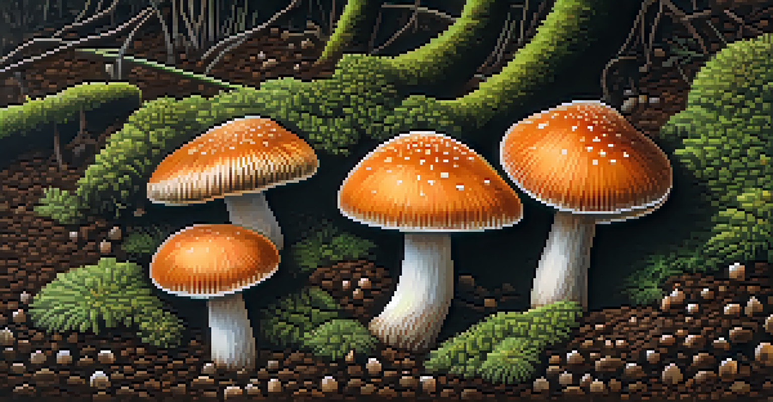 Close-up of colorful psilocybin mushrooms growing in dark soil, showcasing their unique textures and colors.