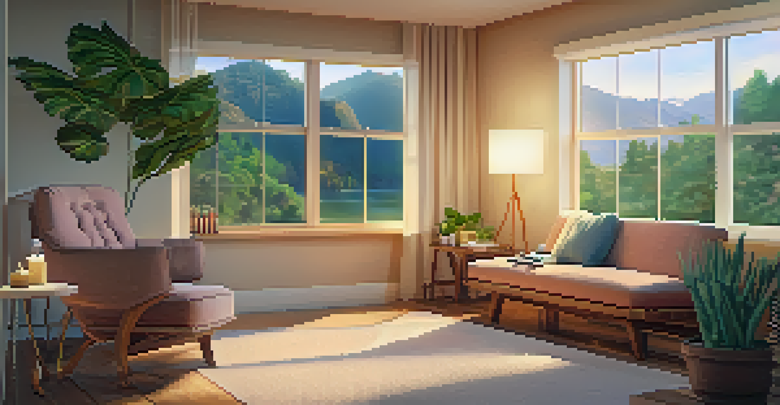 A cozy therapy room with soft lighting and comfortable seating, overlooking nature, designed for hallucinogen-assisted treatment.
