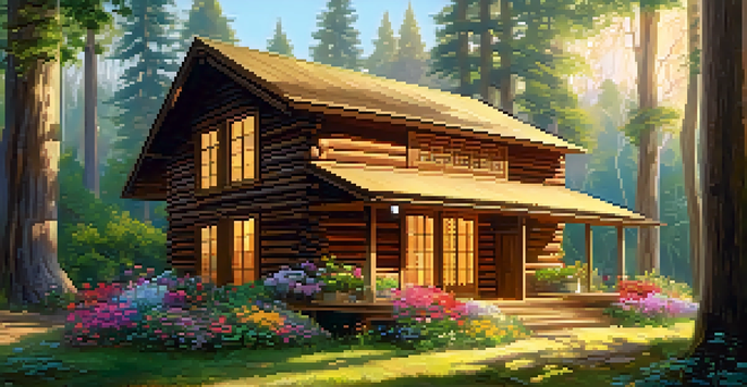 A peaceful retreat in a forest with a wooden cabin, surrounded by greenery and flowers, where people practice meditation and yoga in soft sunlight.