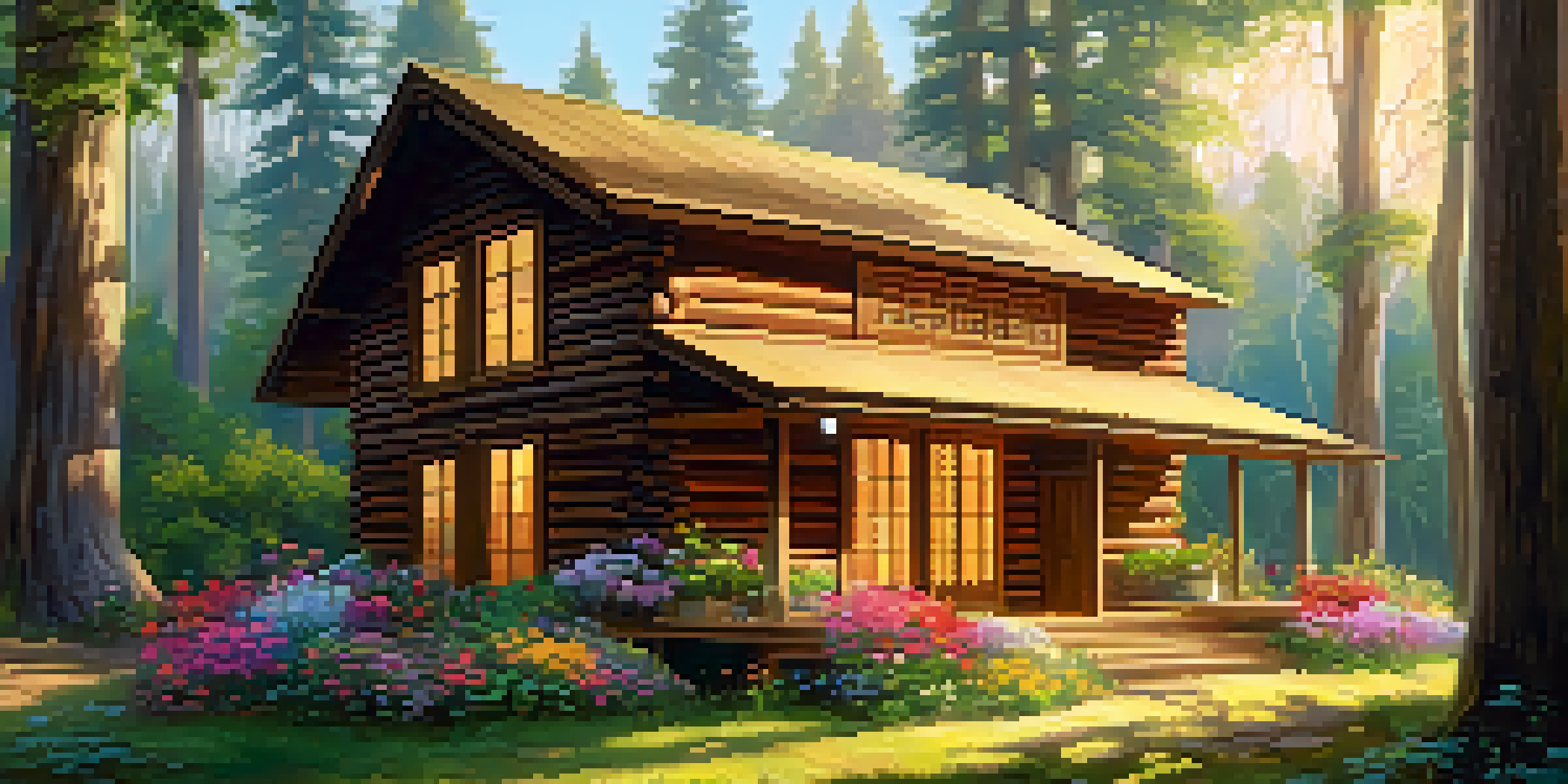 A peaceful retreat in a forest with a wooden cabin, surrounded by greenery and flowers, where people practice meditation and yoga in soft sunlight.