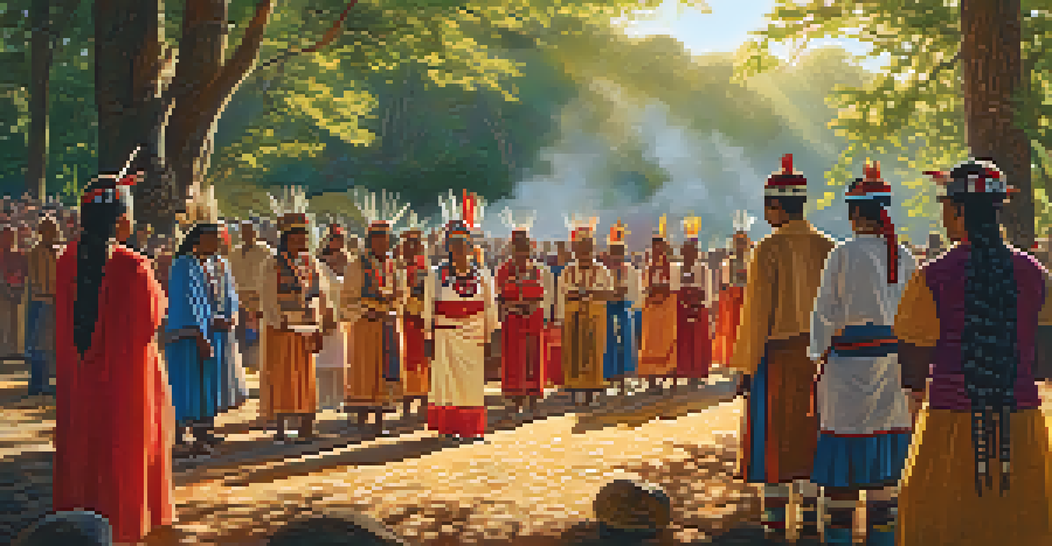 An outdoor gathering of indigenous people in traditional attire, celebrating a ceremony in a sunlit natural setting.