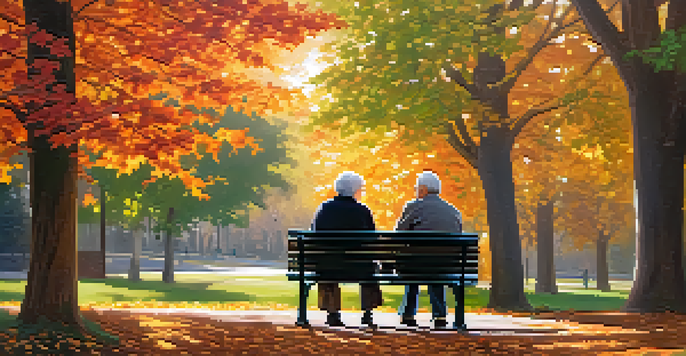 An elderly couple sitting on a park bench in an autumn park, surrounded by colorful leaves and soft sunlight, showing warmth and companionship.