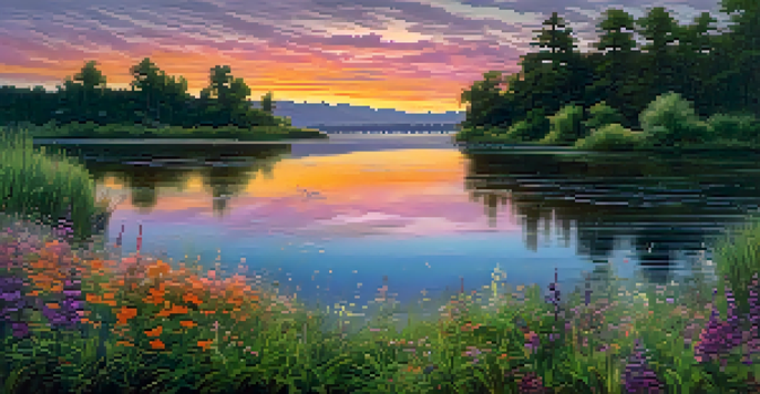 A beautiful sunset over a calm lake surrounded by greenery and colorful wildflowers.