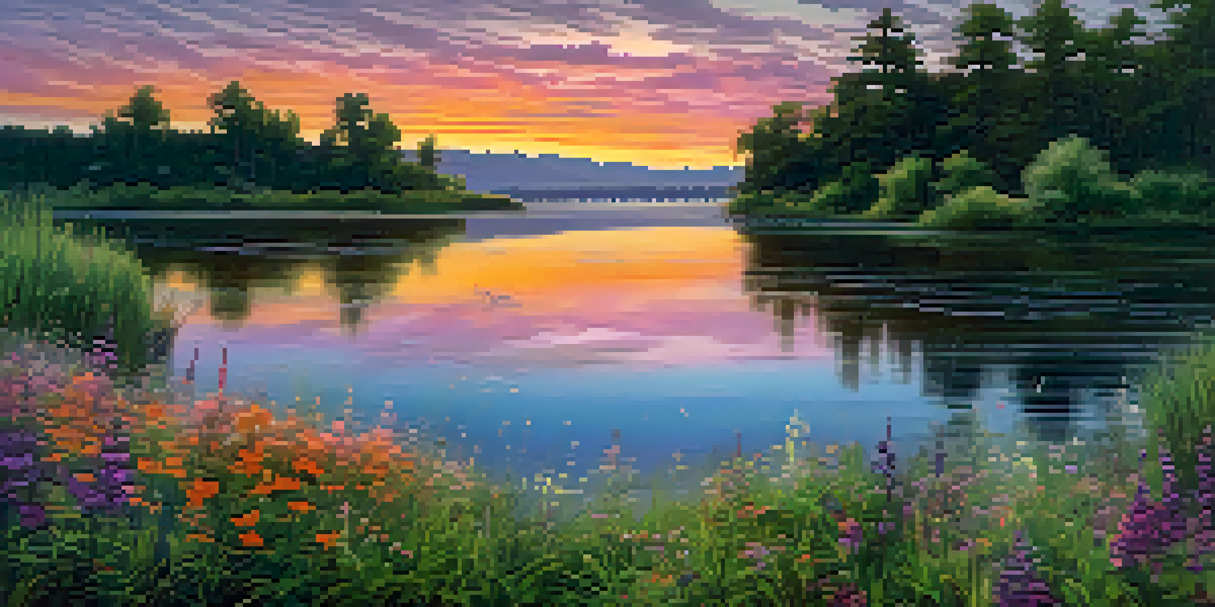 A beautiful sunset over a calm lake surrounded by greenery and colorful wildflowers.