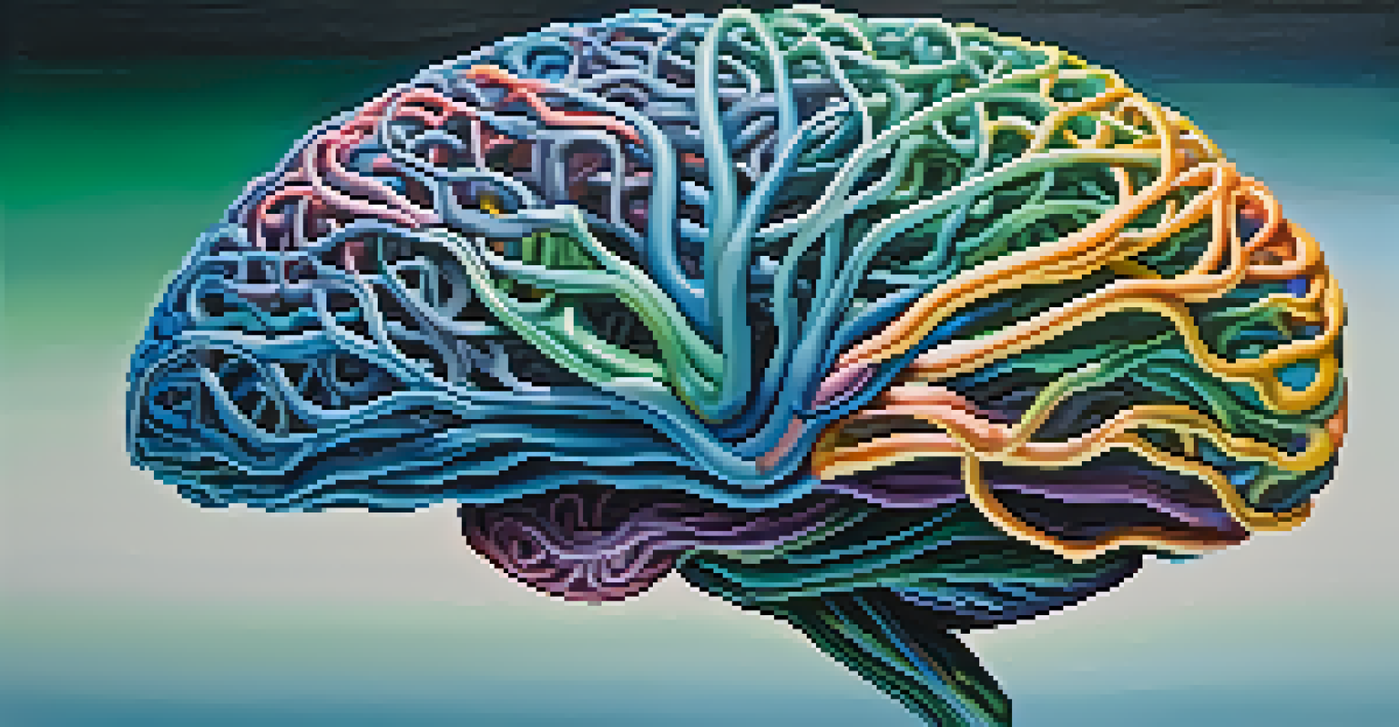 An abstract colorful brain made of interconnected neural pathways on a soft gradient background.