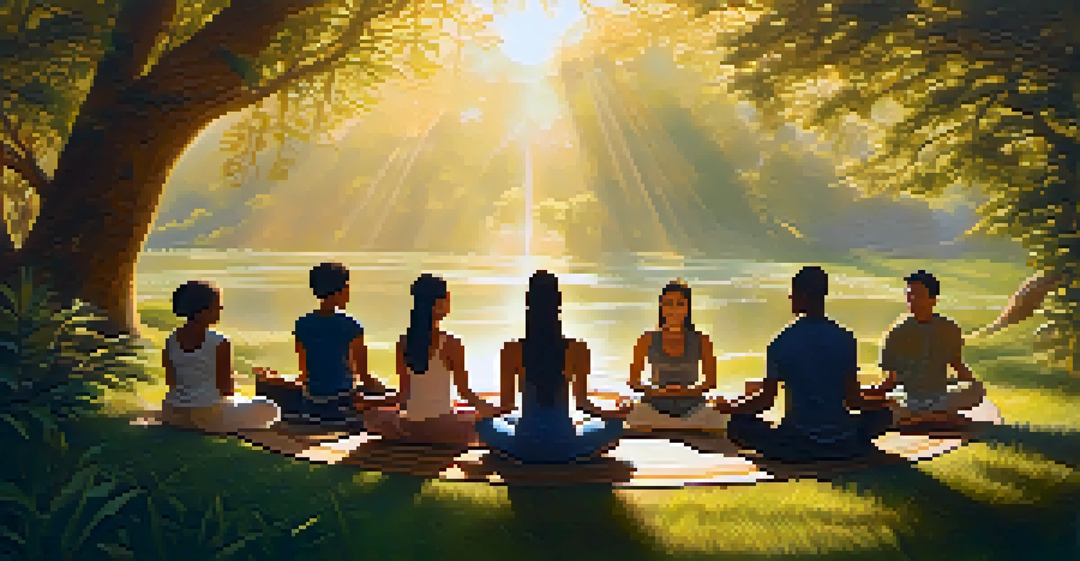 A diverse group of people meditating in a circle with warm light and ethereal patterns around them.