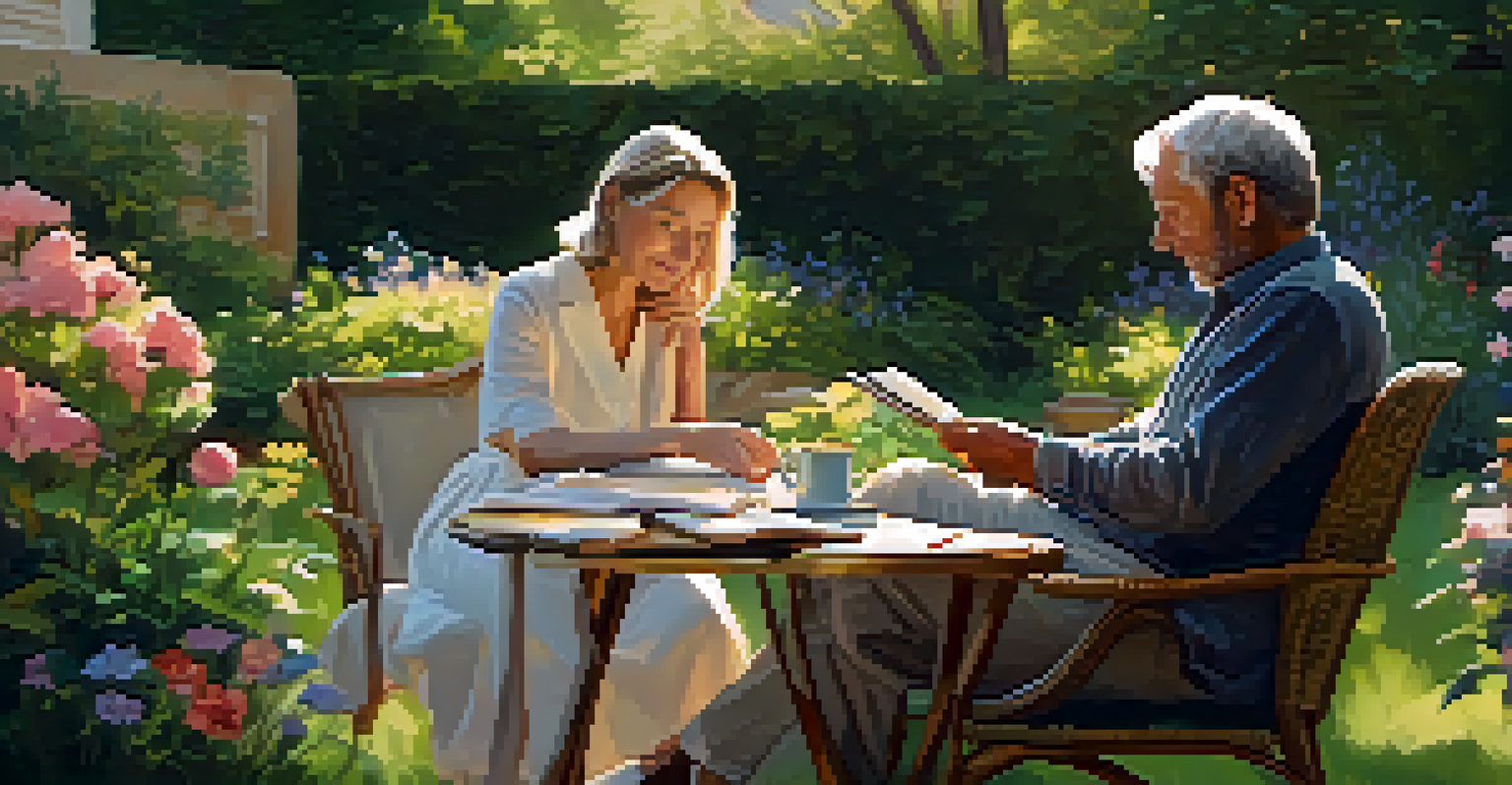 A serene outdoor therapy session in a garden, featuring a therapist and a patient in comfortable chairs surrounded by blooming flowers.