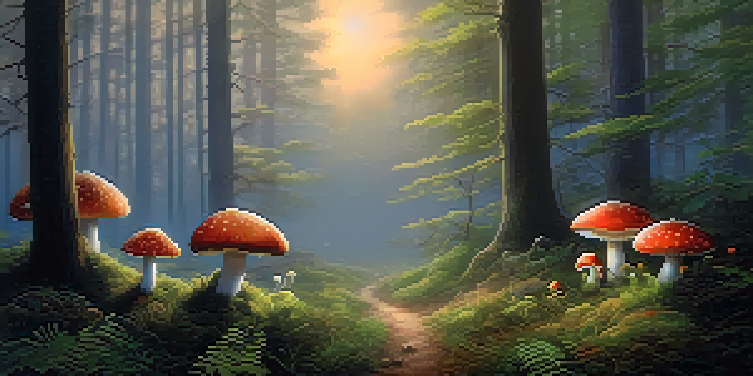 A tranquil forest at twilight, with soft light, colorful mushrooms on the ground, and mist creating a mystical atmosphere.
