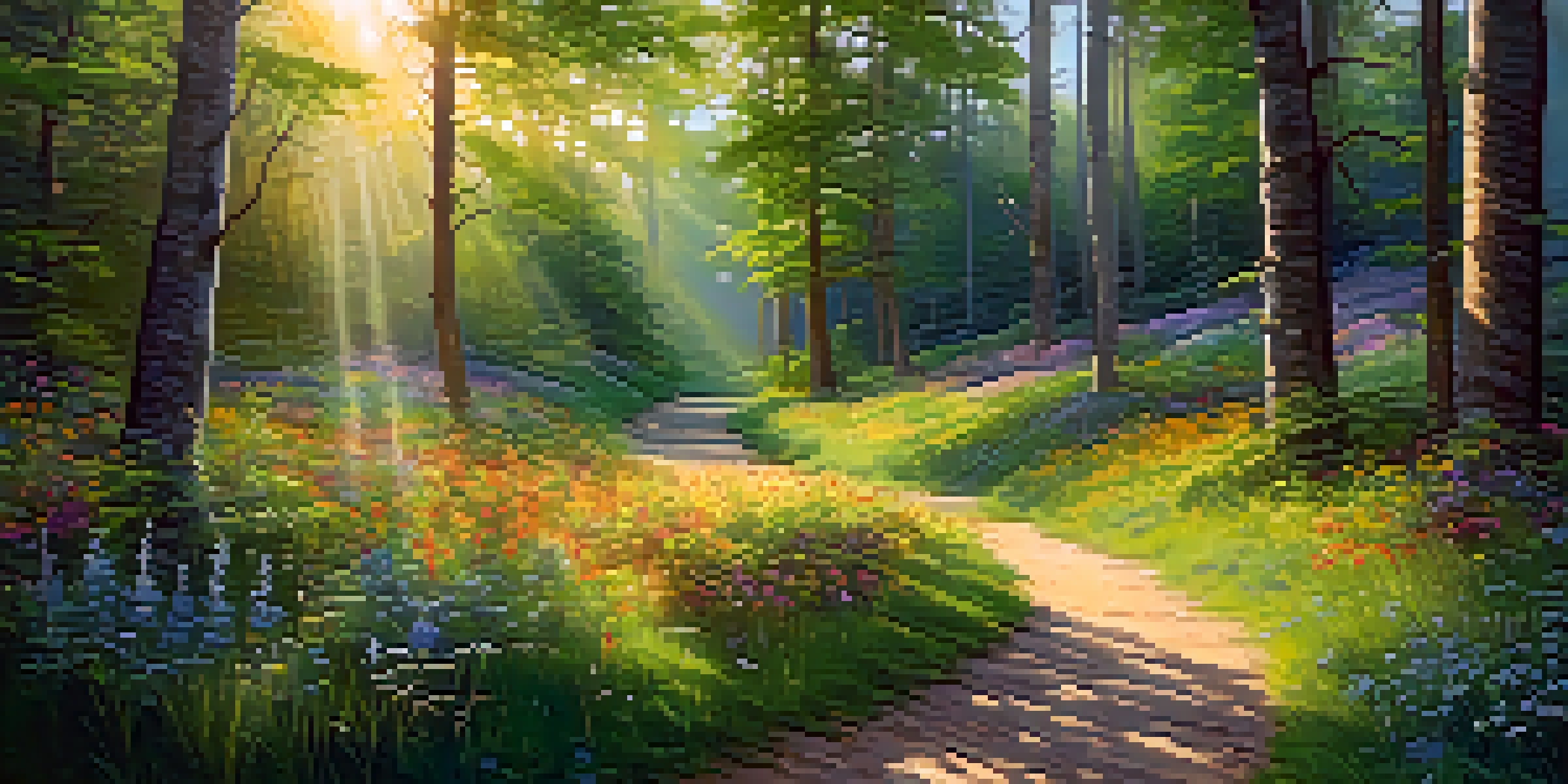 A peaceful forest scene with sunlight filtering through the trees and colorful wildflowers along a winding path.