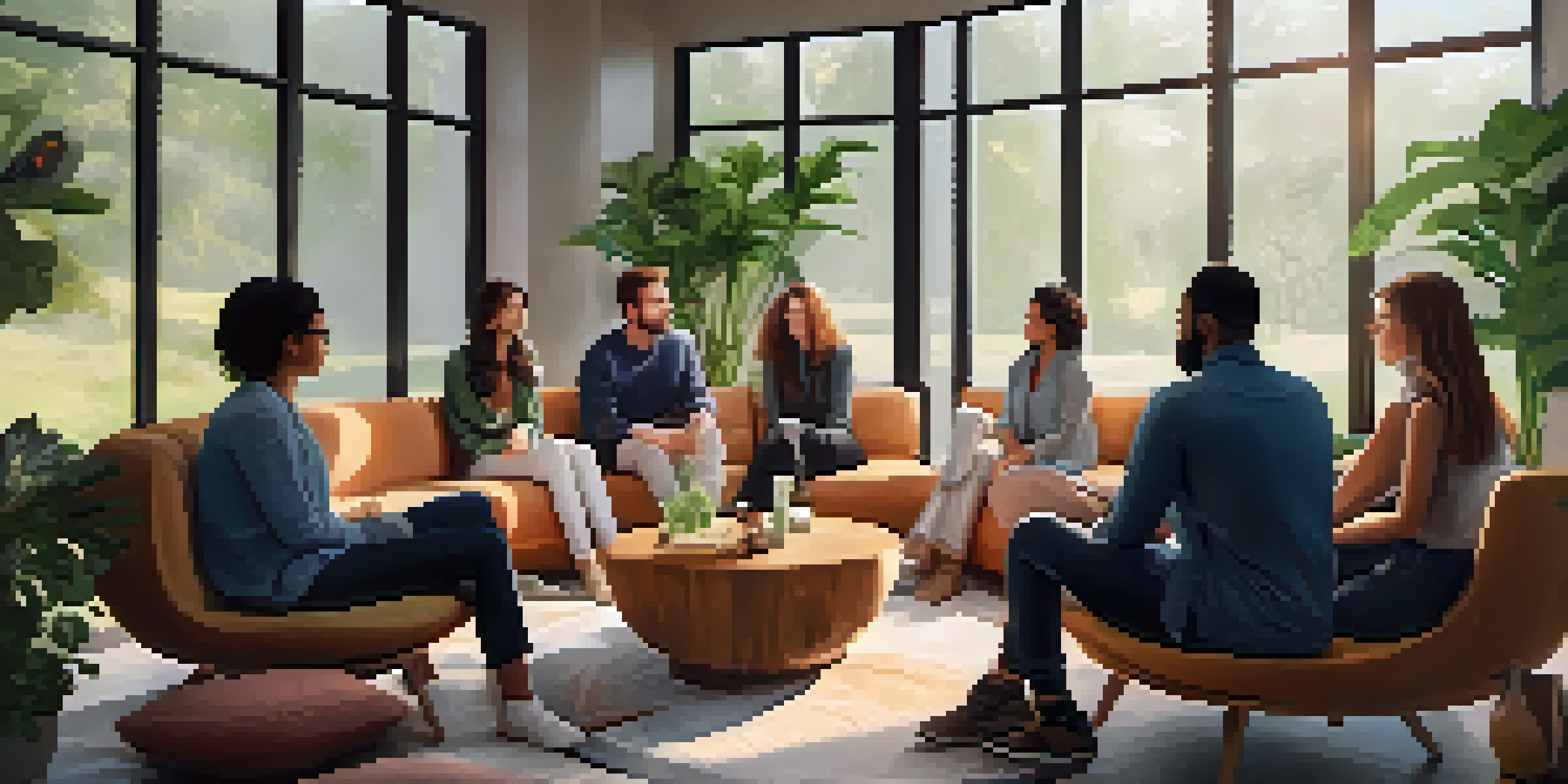 A diverse group of six individuals sitting in a circle, engaged in conversation during therapy, with soft lighting and plants around them.