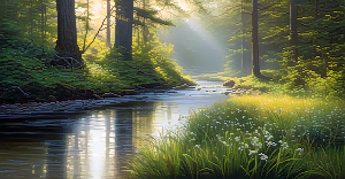 A misty forest landscape at dawn with sunlight filtering through trees and a calm stream in the foreground.