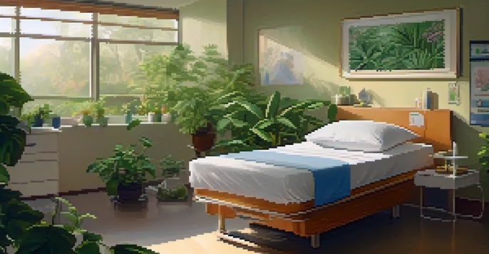 A peaceful hospital room with a patient in bed, surrounded by plants and calming artwork, illuminated by warm light.