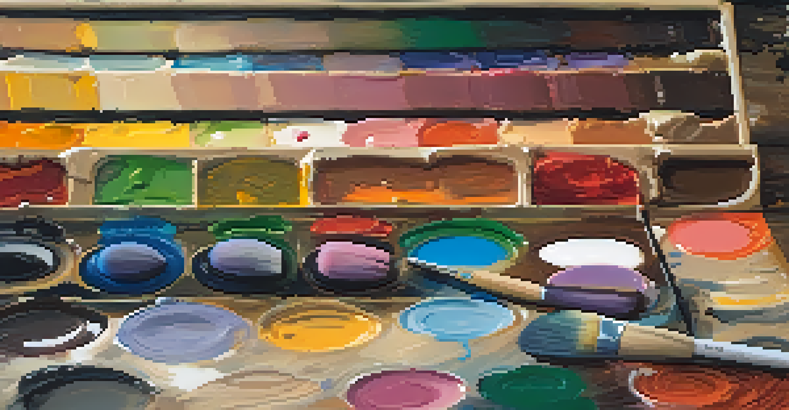 A close-up view of a colorful painter's palette with brushes, highlighting the creative process.