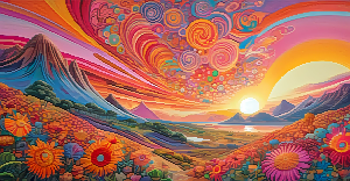 A colorful psychedelic landscape with swirling patterns, a sunset in the background, and abstract flowers in the foreground.