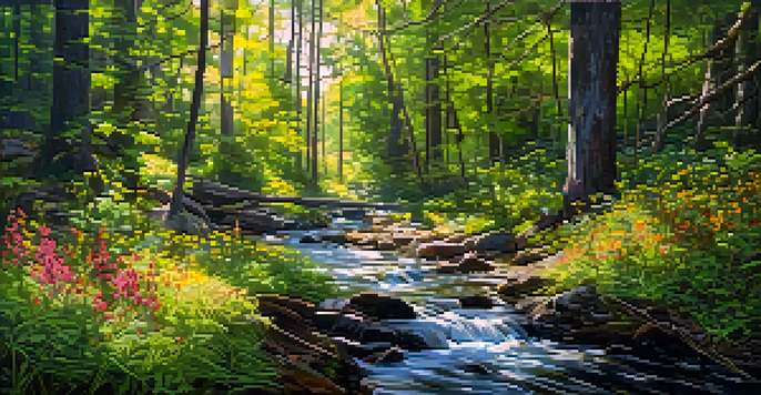 A tranquil forest scene with sunlight filtering through the trees and a gentle stream surrounded by colorful wildflowers.
