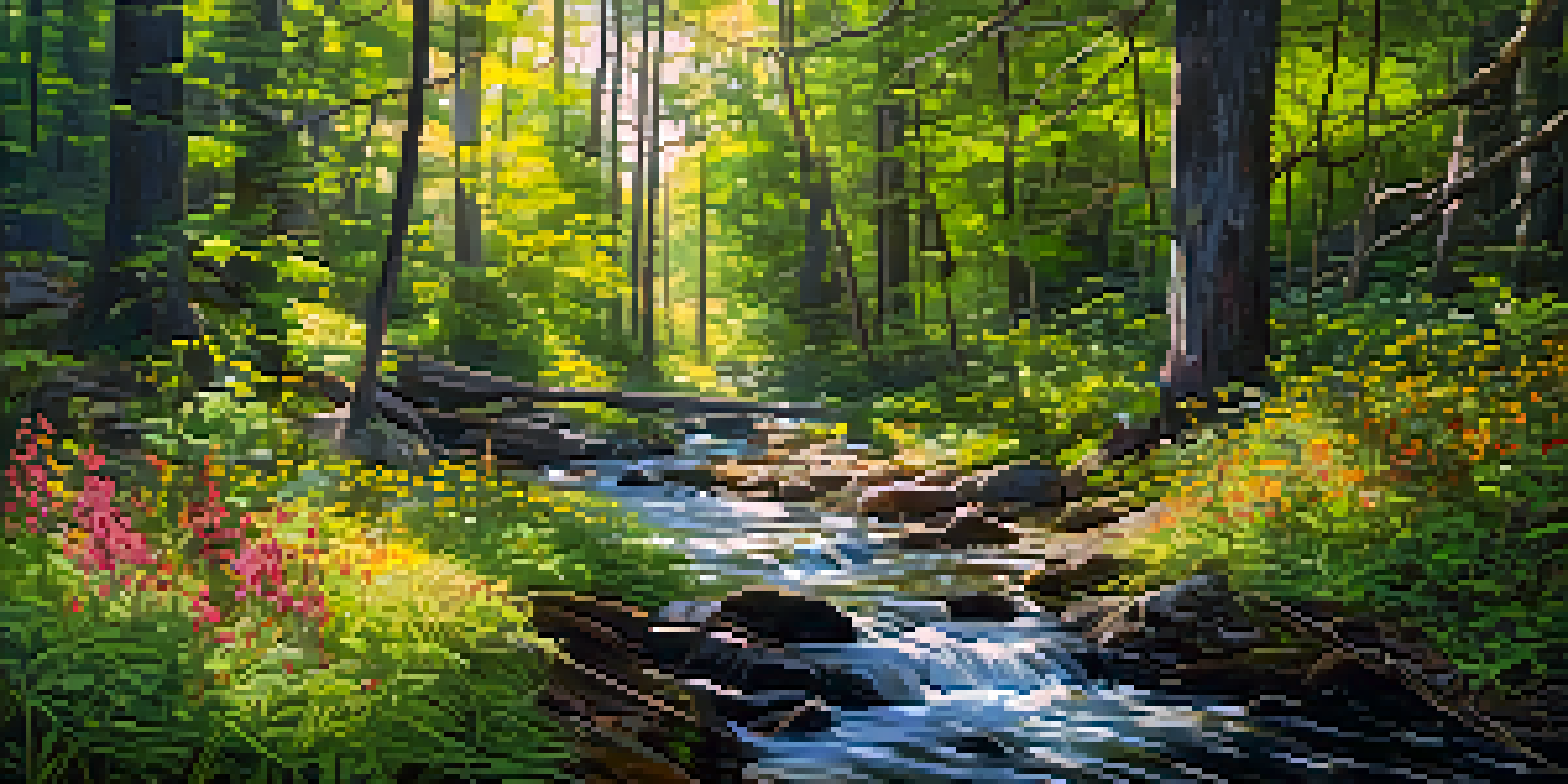 A tranquil forest scene with sunlight filtering through the trees and a gentle stream surrounded by colorful wildflowers.