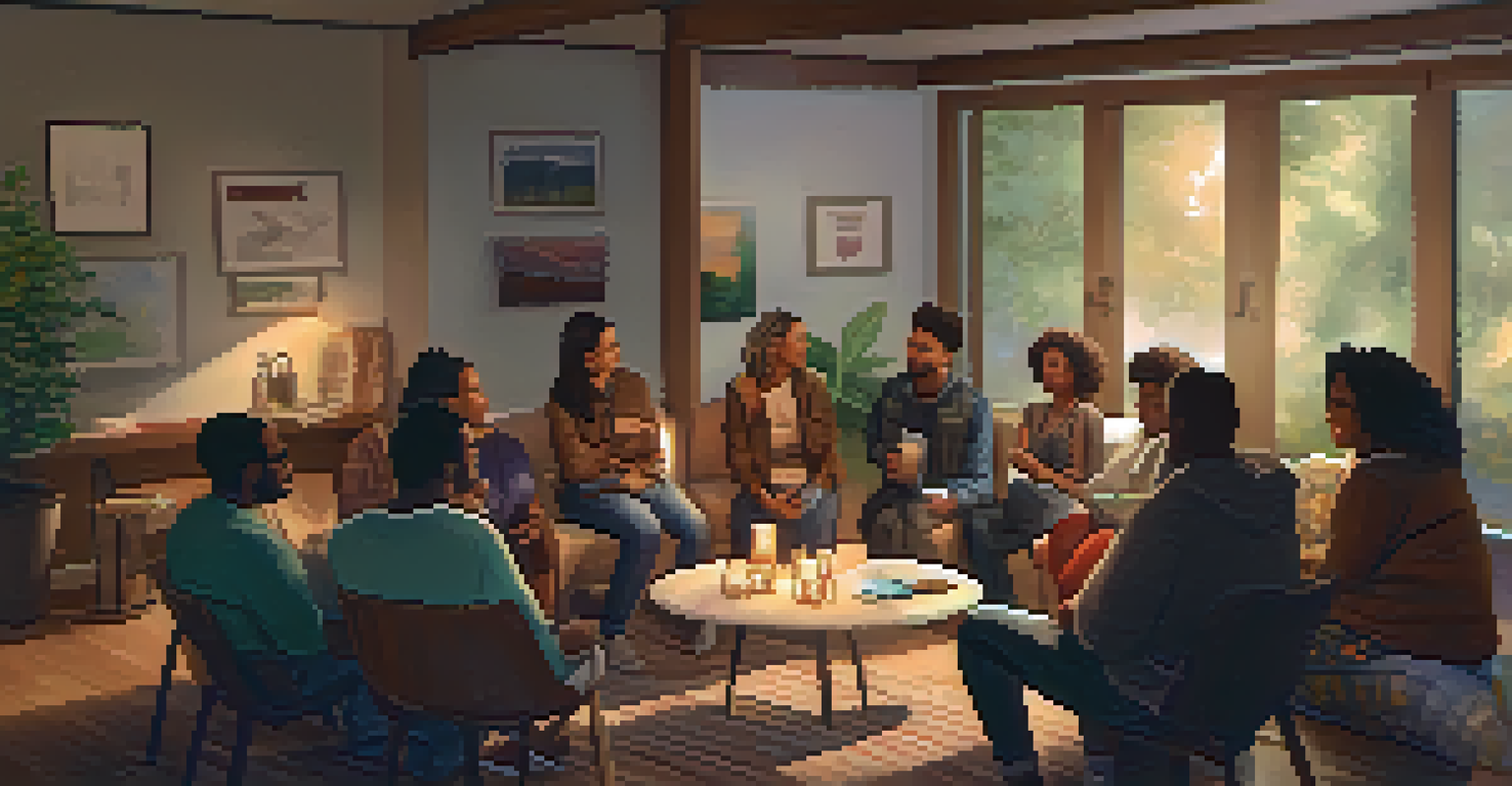 A community gathering in a cozy space where diverse individuals share their experiences during a group integration session.